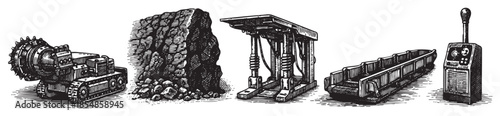 This black and white illustration features various industrial mining equipment, including a drilling machine, rock pile, machinery, and control panel, ideal for industry and technology themes.
