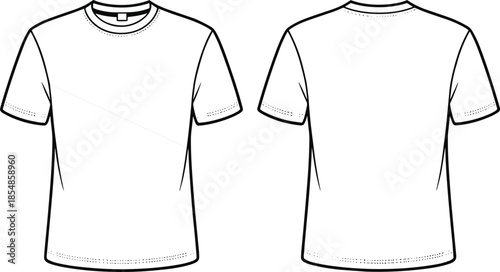 Plain crew-neck t-shirt vector set, front and back fashion sketch with short sleeves, standard stitching, blank apparel for customization and design