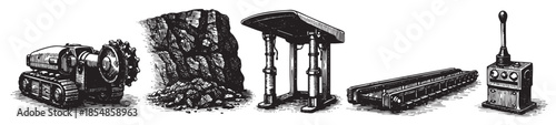A woodcut style illustration depicts various mining equipment including a cutting machine, coal pile, jack, conveyor belt, and control panel for industrial use.