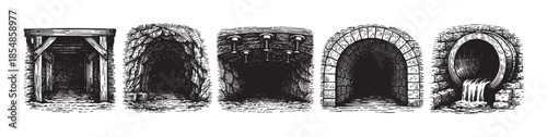 A collection of five distinct vintage-style tunnel entrances depicted in black and white illustration, ranging from rough earth to arched stone and pipe.