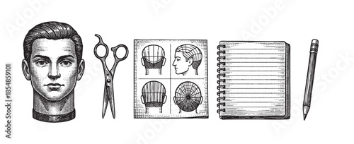 This vintage-style illustration features a man's head, barber scissors, haircut diagrams, a notepad, and a pencil, perfect for representing hair styling, education, or retro grooming.