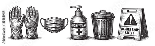 A vintage woodcut illustration depicts barber shop safety essentials including gloves, mask, disinfectant, trash can, and a safety sign.
