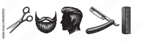 A monochromatic, vintage-style illustration displays essential barber tools including scissors, beard, straight razor, and comb, representing grooming and style.