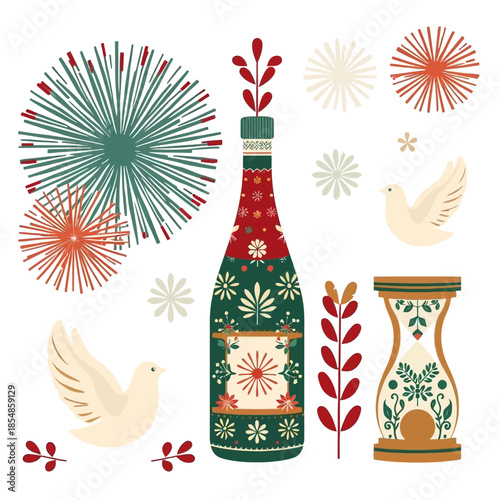 New Years Eve Fireworks and Dove Illustrations