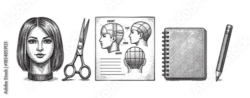 An artistic illustration of a female mannequin head, scissors, a hair sectioning diagram, a notebook, and a pencil, representing hairstyling education and tools.