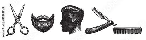 A detailed black and white illustration showcases essential barber tools including scissors, a beard, a man's profile, a straight razor, and a comb, evoking a classic vintage aesthetic.