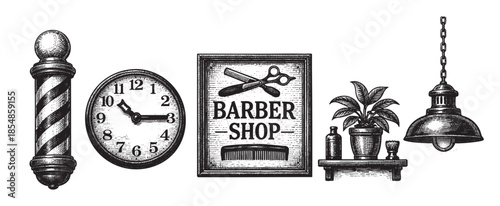 A collection of classic barber shop icons rendered in a detailed, vintage etching style, perfect for retro design projects.