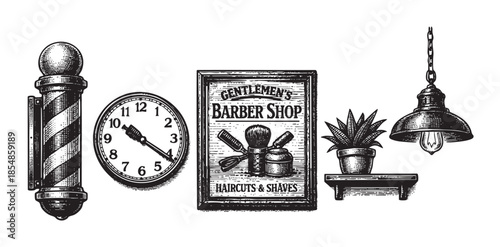 A vintage black and white illustration features classic barber shop elements including a barber pole, clock, sign, and hanging lamp, perfect for retro branding.