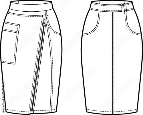Skirt technical vector set, front and back fashion sketch with diagonal zipper, patch pocket, yoke seams, belt loops, garment design illustration