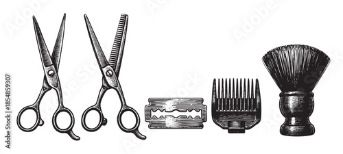 A vintage illustration featuring a set of classic barber tools, including scissors, a razor blade, a comb, and a shaving brush, all rendered in a detailed engraving style on a white background.