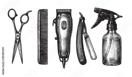 A vintage-style illustration showcases a collection of classic barber tools including scissors, comb, clipper, straight razor, and spray bottle on a clean white background.