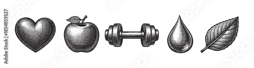 A vintage-style, black and white illustration featuring a collection of five essential health and wellness icons arranged horizontally against a white background.