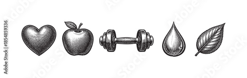 A line of iconic hand-drawn graphics represents health, fitness, diet, and wellness, including a heart, apple, dumbbell, water drop, and leaf.