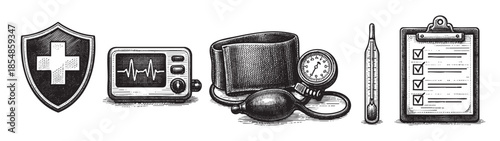 A vintage woodcut illustration features essential medical diagnostic instruments including a shield with a cross, a heart monitor, a sphygmomanometer, a thermometer, and a clipboard with a checklist.