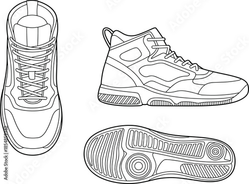 Sneaker vector set, top, side, and sole views of athletic shoe design, tread pattern illustration, footwear blueprint, fashion technical sketch