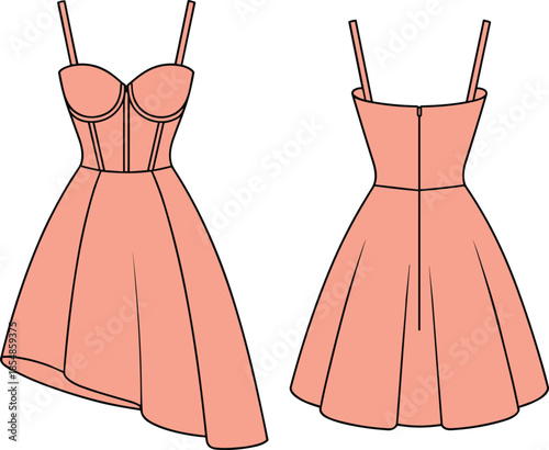 Spaghetti strap dress fashion illustration, asymmetrical hem, corset bodice, sleeveless flared silhouette, front and back view, peach vector design