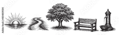 A collection of five vintage-style ink illustrations depicting park elements including a rising sun, a winding path, a mature tree, a park bench, and a drinking fountain.