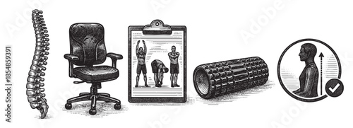 This black and white illustration depicts elements related to spinal health and chiropractic care, including a spine, office chair, exercise chart, foam roller, and a checkmark icon.