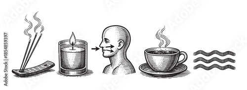 A stylized black and white illustration depicting elements of sensory experience including burning incense, a lit candle, a person inhaling, a cup of coffee, and wavy lines representing sound or water