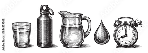 A black and white, vintage illustration depicts a collection of items related to hydration and time, including an alarm clock, a glass, a bottle, a pitcher, and a water drop.