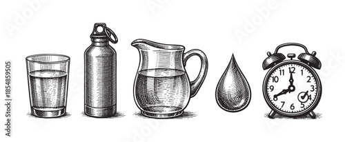 A charming, hand-drawn illustration in vintage engraving style featuring a glass of water, a reusable water bottle, a pitcher, a water drop, and an alarm clock against a clean white background.