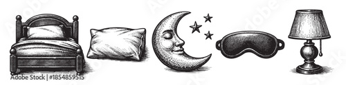 A collection of black and white vintage-style illustrations including a wooden bed, pillow, moon with stars, eye mask, and a lamp on a white background.