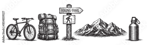 A black and white illustration depicts a bicycle, backpack, hiking trail signpost, mountain range, and water bottle, representing outdoor adventure and exploration.