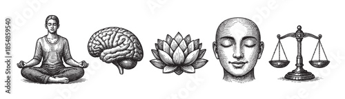 Black and white engraving style illustration of a person meditating, a brain, a lotus flower, a face, and scales of justice symbolizing balance and mindfulness.