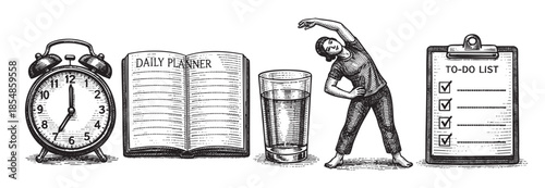 This black and white line art illustration depicts a healthy daily routine with an alarm clock, planner, glass of water, and a person stretching.