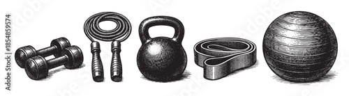 A collection of vintage-style fitness equipment including dumbbells, jump rope, kettlebell, resistance band, and medicine ball, rendered in a classic woodcut illustration style on a white background.