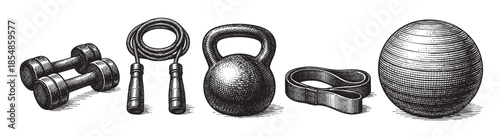 A vintage-style woodcut illustration features a collection of exercise equipment including dumbbells, a jump rope, a kettlebell, resistance bands, and a stability ball on a white background.