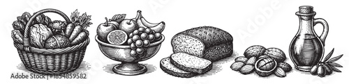 A retro, woodcut-style illustration showcases a variety of food items including a basket of vegetables, a bowl of fruits, a loaf of bread, nuts, and a bottle of oil.