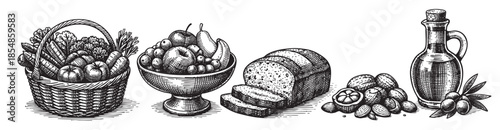 A retro, woodcut-style illustration showcases a variety of food items including a basket of vegetables, a bowl of fruits, a loaf of bread, nuts, and a bottle of oil.