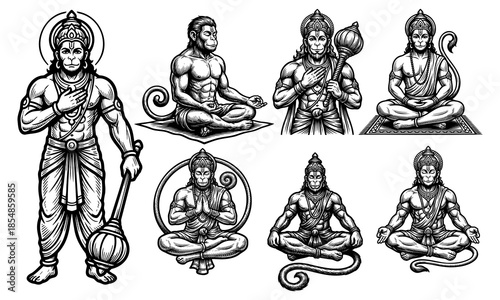 Collection of Lord Hanuman Illustrations in Meditative Yoga Poses and Standing Devotional Stances Featuring Detailed Line Art and Symbolic Iconography.