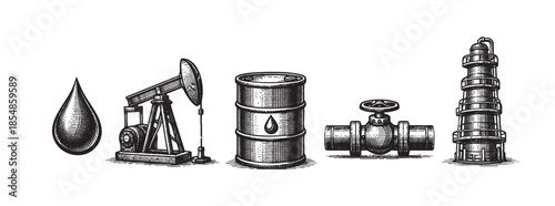 This vintage woodcut-style illustration features iconic elements of the oil industry, including a droplet of oil, a pumpjack, a barrel, a valve, and a refinery tower.