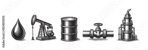 A set of five vintage-style illustrations depicting the oil industry, including a drop of oil, a pump jack, a barrel, a valve, and a refinery.