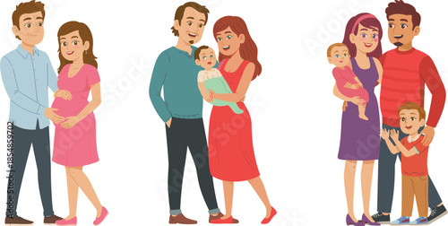 Happy family life stages illustration showing pregnancy, newborn baby, growing children, loving parents, modern parenthood concept, cartoon vector design set