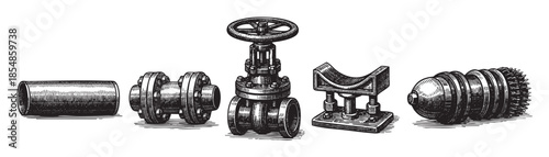 Vintage engraving style illustration featuring a collection of industrial plumbing components including pipes, valves, and fittings, set against a white background.