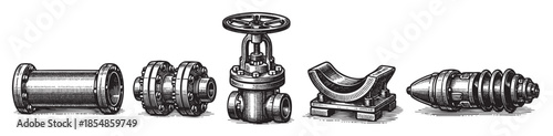 A vintage-style black and white illustration depicts a collection of industrial metal components including pipes, valves, and mechanical parts against a stark white background.