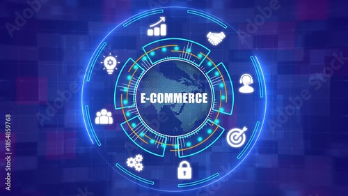 Global E-commerce Concept with Digital Retail Icons and Futuristic Business HUD Interface - 4K