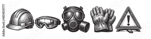 A vintage black and white illustration showcases essential safety equipment including a hard hat, goggles, gas mask, gloves, and a warning sign, representing industrial protection and hazard awareness