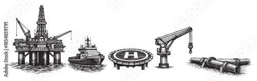 A hand-drawn, black and white illustration depicts elements of the offshore energy industry, including an oil rig, ship, helipad, and pipes, ideal for technical or industrial themes.