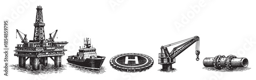 Detailed line art illustration of an offshore oil rig, supply ship, helipad, crane, and pipe connections, ideal for industry and energy concepts.