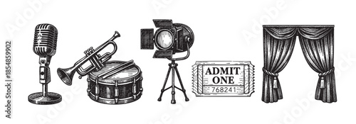 This black and white illustration features iconic performance elements: a vintage microphone, a trumpet, a spotlight on a tripod, an admission ticket, and a stage curtain, ideal for theater or music t