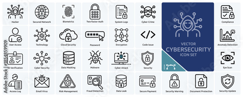 Cybersecurity vector icon set featuring data protection symbols and secured network concepts for modern technology themes