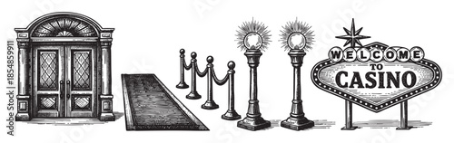 A retro-style illustration features a grand entrance with double doors, red carpet, stanchions, ornate lamps, and a "Welcome to Casino" sign.