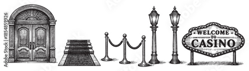 A vintage ink illustration displays a grand arched doorway, red carpet stairs, stanchions, street lamps, and a welcoming casino sign, evoking a classic gambling atmosphere.