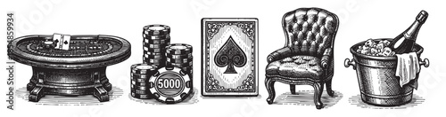 A vintage engraved illustration showcases casino and luxury elements including a roulette wheel, poker chips, playing cards, a leather armchair, and a champagne bucket with ice and bottle.