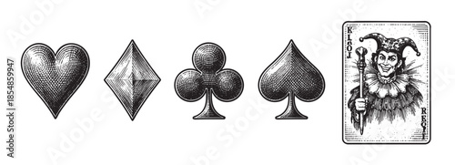 A vintage illustration showcases the four playing card suits, heart, diamond, club, and spade, alongside a grinning jester figure on a card, rendered in a detailed woodcut style.