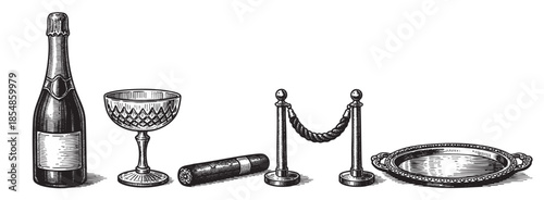 An elegant still life in a vintage engraving style, featuring a champagne bottle, crystal coupe glass, cigar, velvet rope stanchions, and a decorative tray, evoking luxury and celebration.